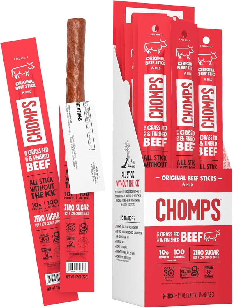 CHOMPS Grass Fed Original Beef Jerky Snack Sticks - Image 1